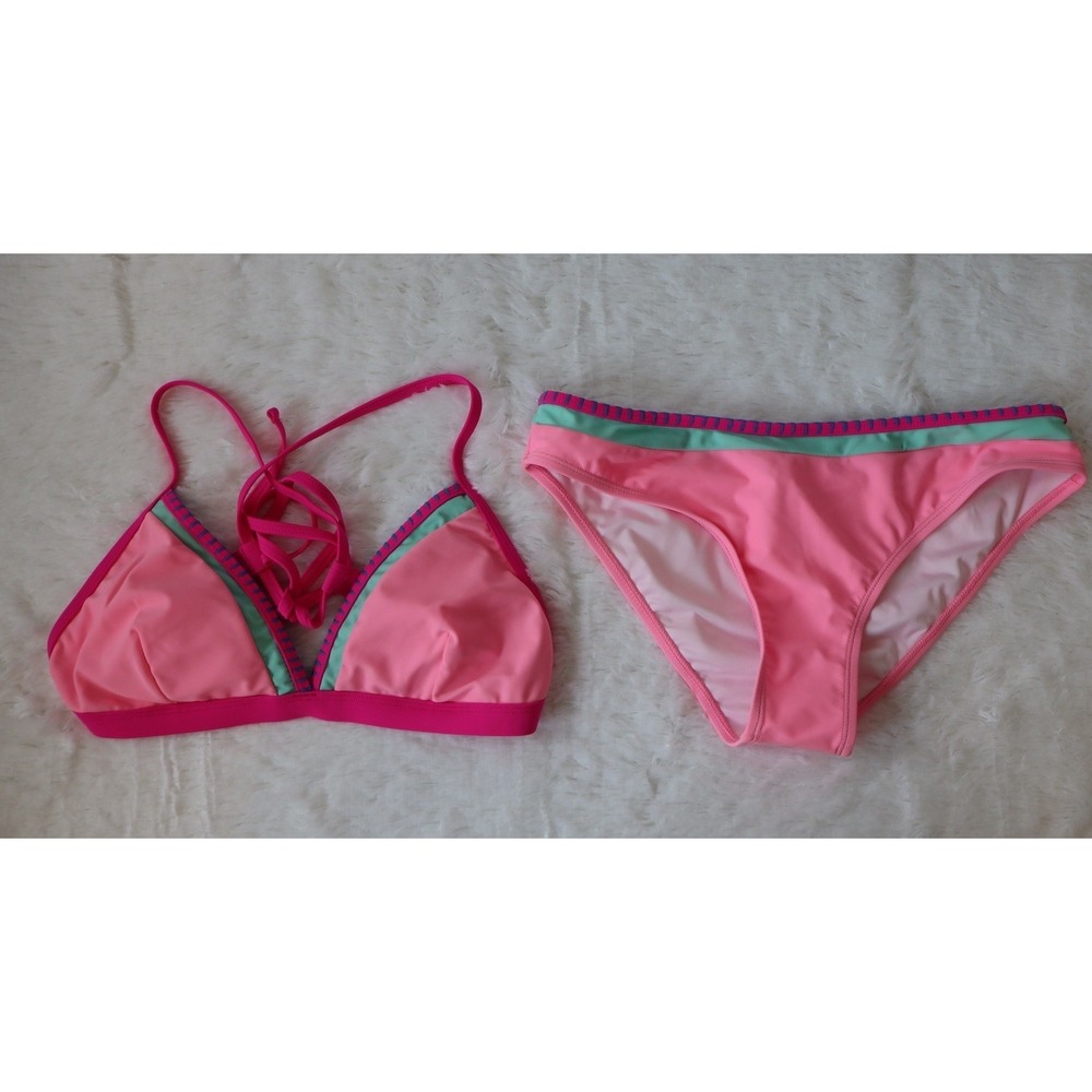 Cupshe Pink Colorblock Stitching Bikini Set Crossback Halter Cheeky Swimsuit, M